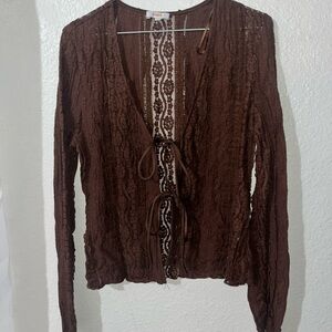Elegant Brown Lace Tie-Front Blouse